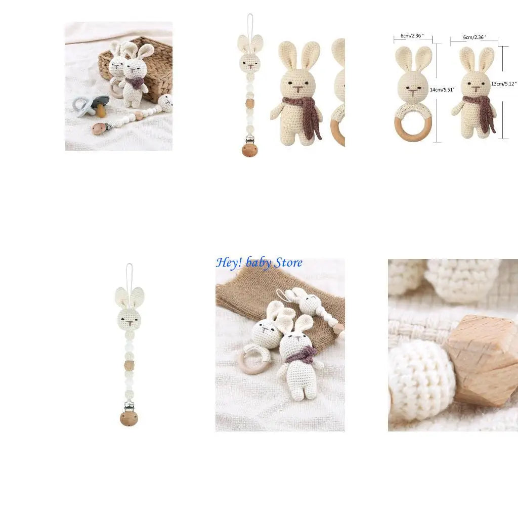 3-Piece Baby Crochet Bunny Rattle & Pacifier Clip Gift Set