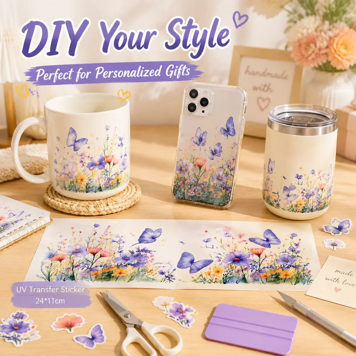 UV DTF Butterfly Flower Sticker | Waterproof Rub-On Cup Decal