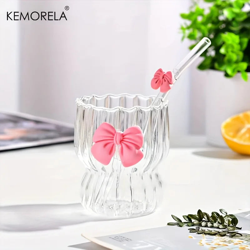 KEMORELA Bow Vintage Ripple Glass Cups 350ml – Set of 2/4/6