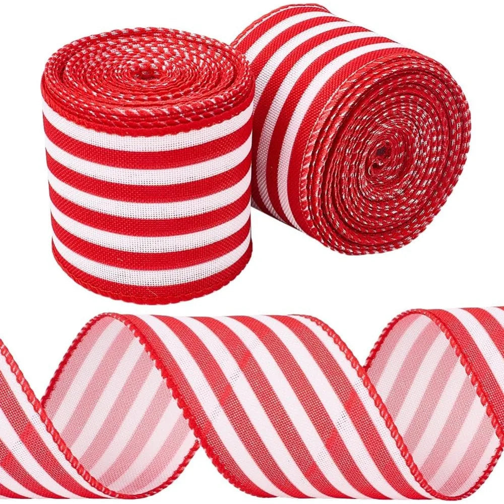 Red & White Striped Wired Ribbon 2" Wide – 10.94 Yards Total