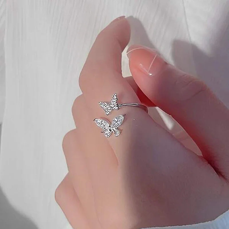 Huitan Butterfly Opening Ring Women – Silver CZ Fashion Jewelry