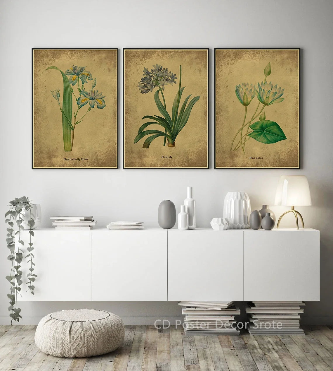 Vintage Botanical Floral Poster – Herb Rose & Butterfly Wall Art
