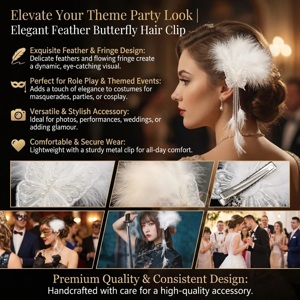 Feather Butterfly Hair Clip – Elegant Fringe Headwear for Women