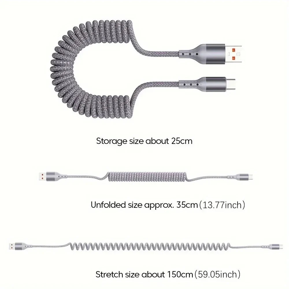 100W USB-C Retractable Spring Car Charger Cable | Fast Charge