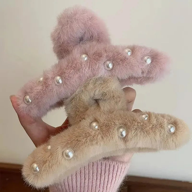 Pearl Plush Big Shark Hair Claw Clip | Cute Winter Accessory