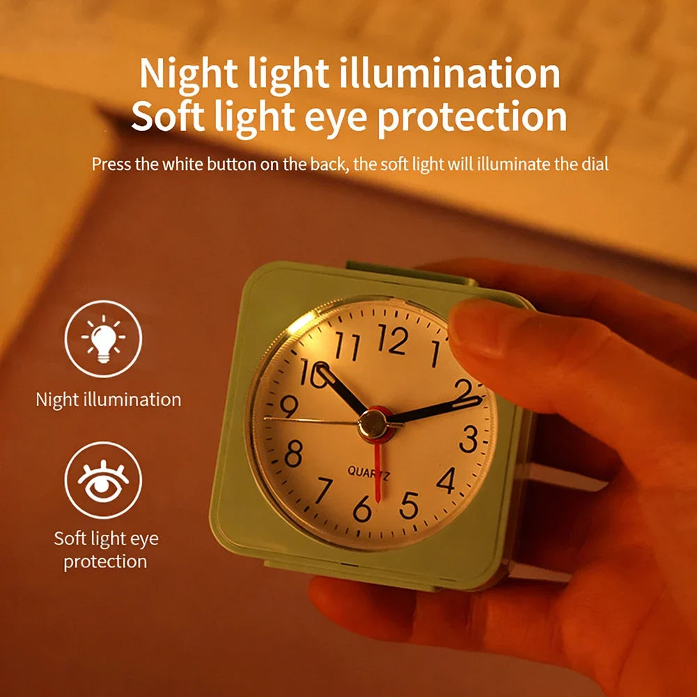 Mini Square Travel Alarm Clock – Silent Analog with Night Light