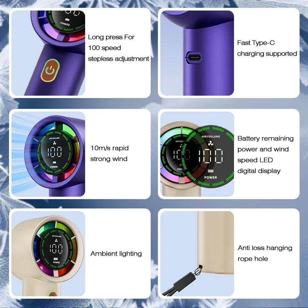 URGGU Handheld Fan 100 Speeds 3000mAh USB Rechargeable Digital Display