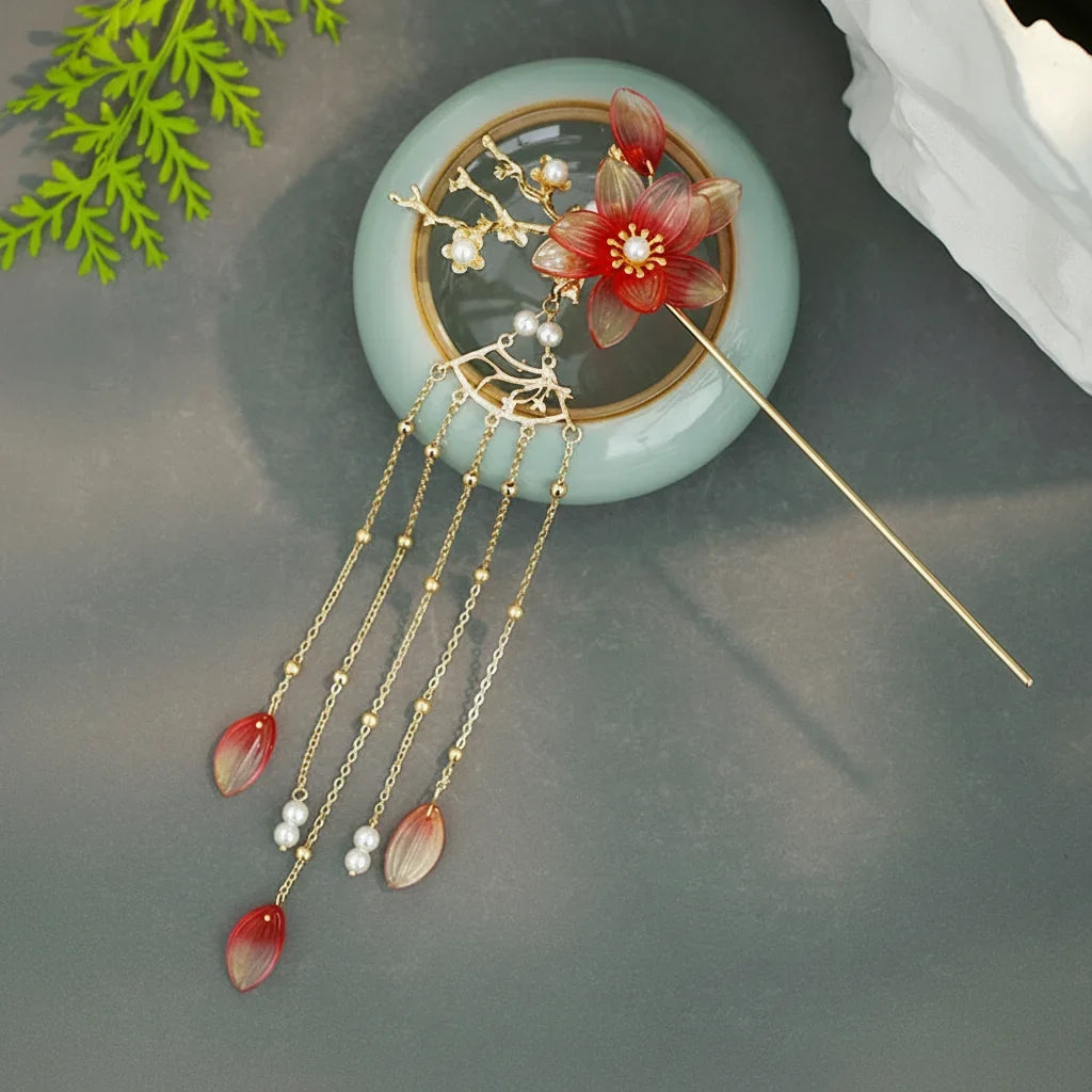 Retro Floral Tassel Hairpin Set | Hanfu Hair Accessory for Women