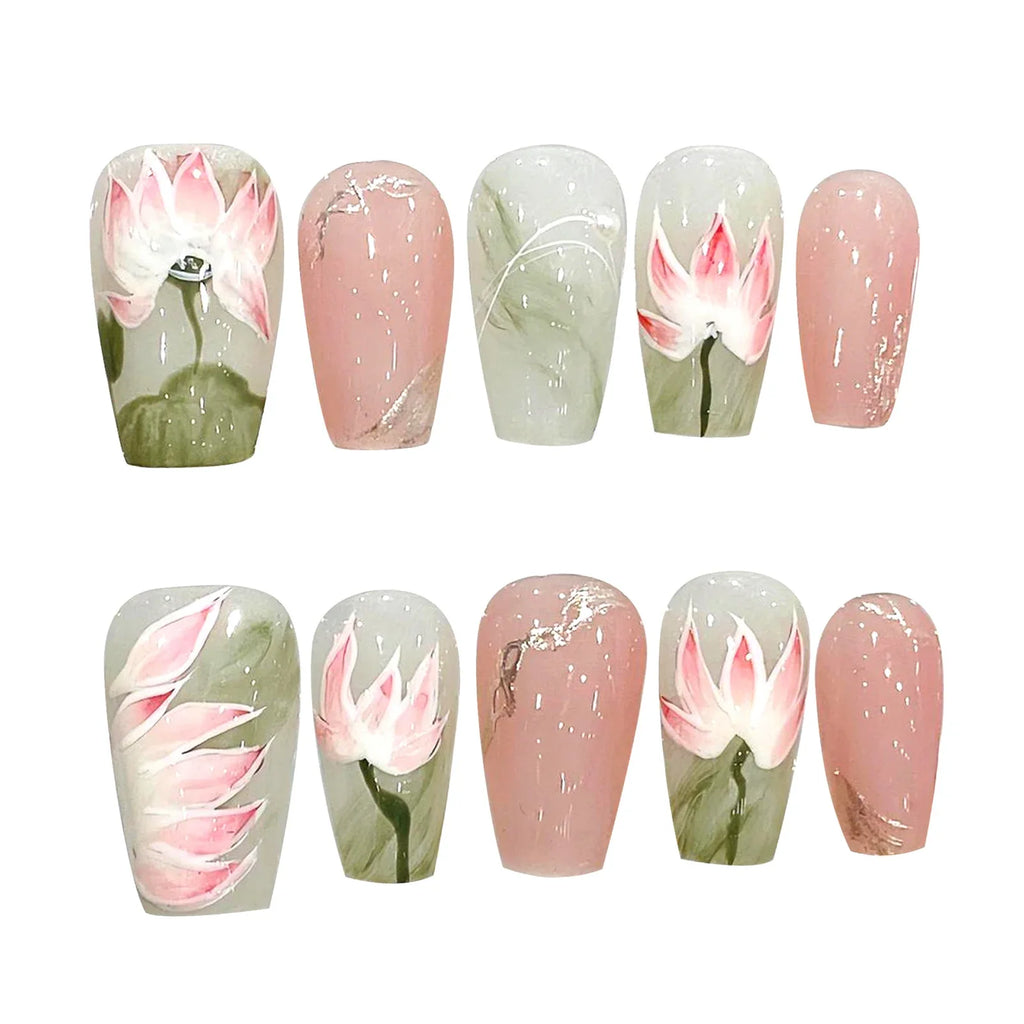 YADORNOS Lotus Press On Nails | Chinese Floral Pink Fake Nails