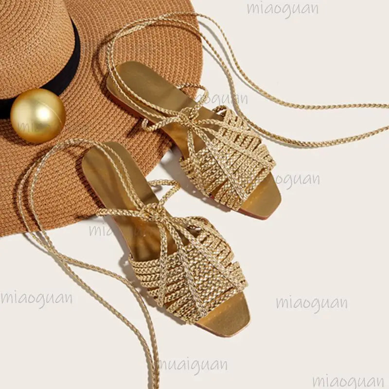 Women's Retro Cross-Tie Gladiator Flat Sandals – Gold Woven