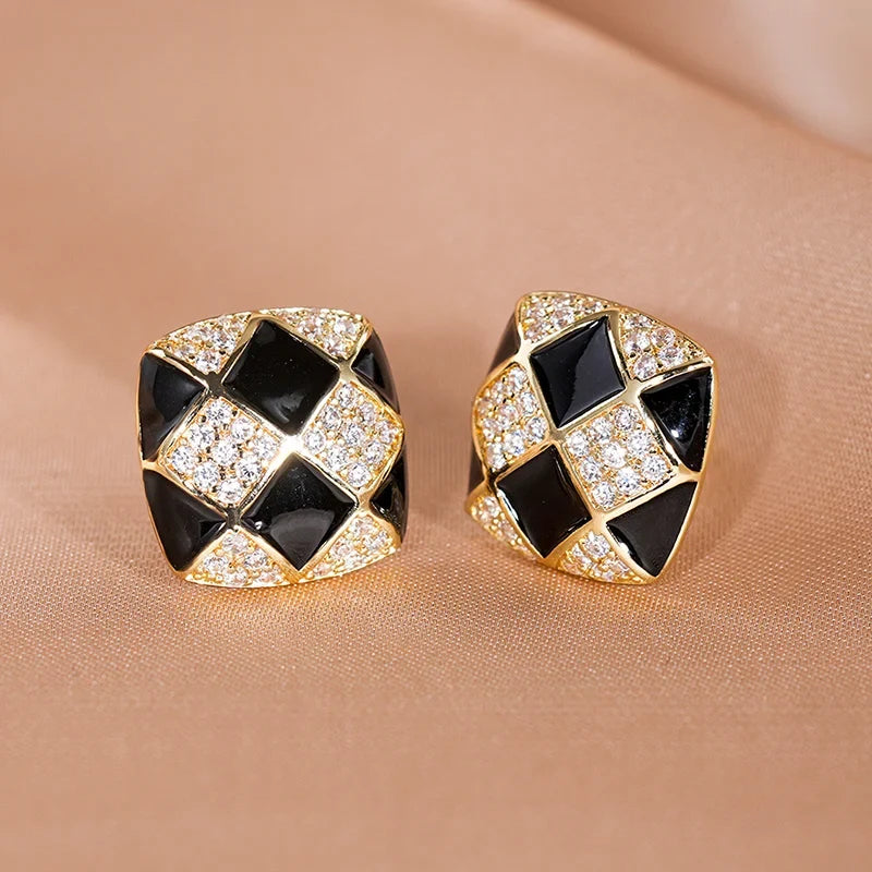 Huitan Gold Grid Stud Earrings – Geometric CZ Fashion Jewelry