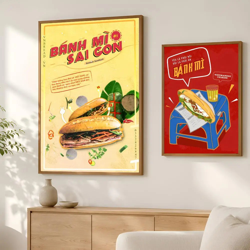 Vietnam Food Art Wall Poster – Banh Mi & Pho Self-Stick Decor