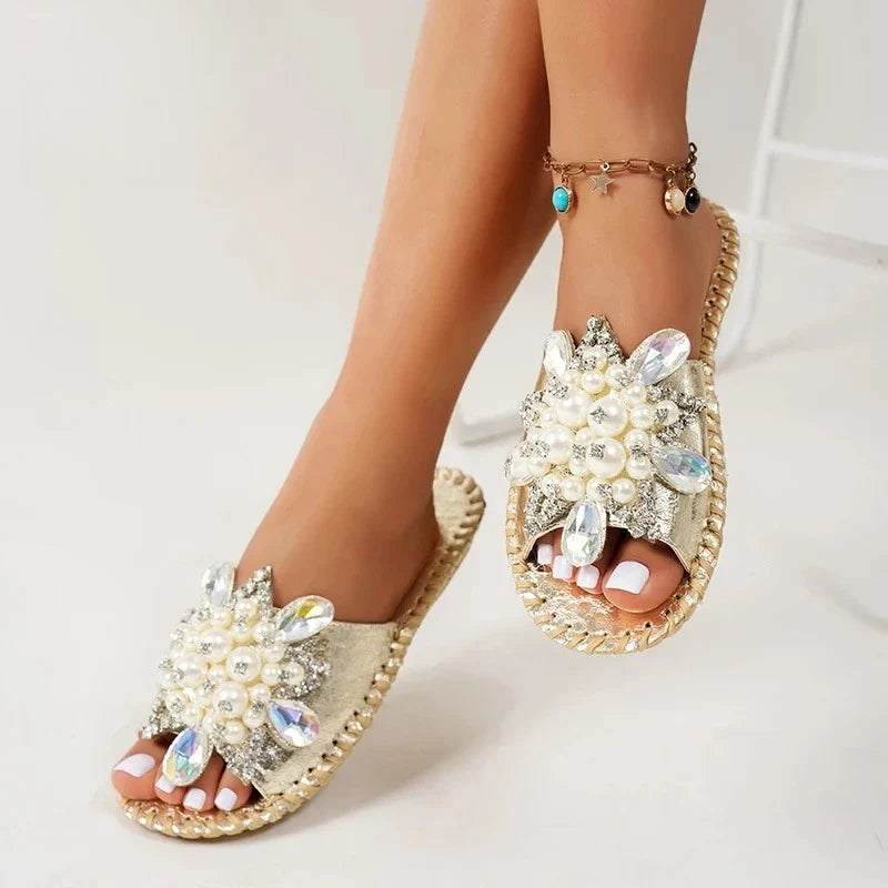 Gold Crystal Flower Slides – Women's Bling Flat Sandals