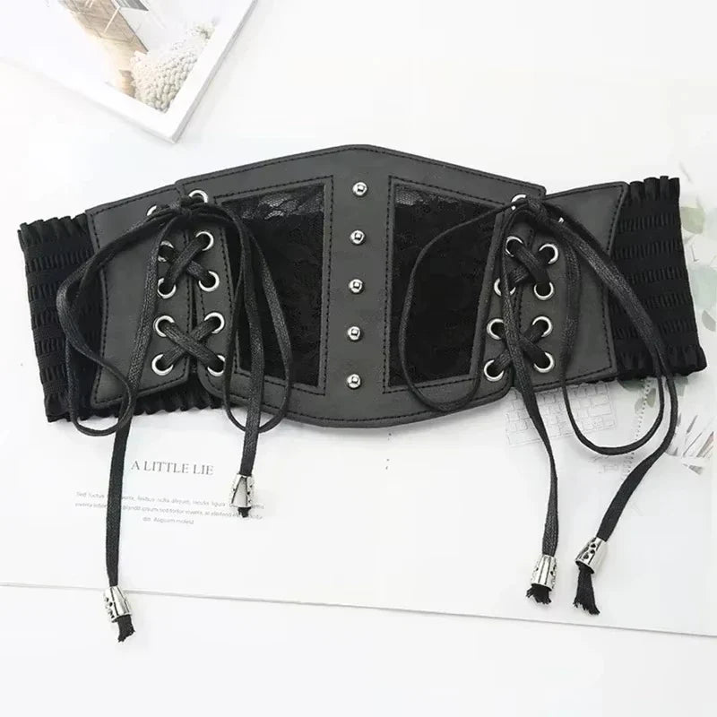 Retro Ladies's Elastic Lace Buckle Corset Belts Goth Punk Dress Black