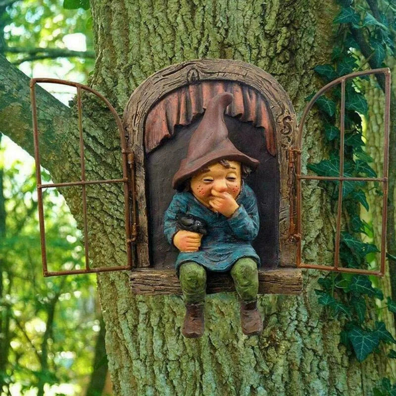 Naughty Garden Gnome Statue – Tree Hugger Elf Yard Decor