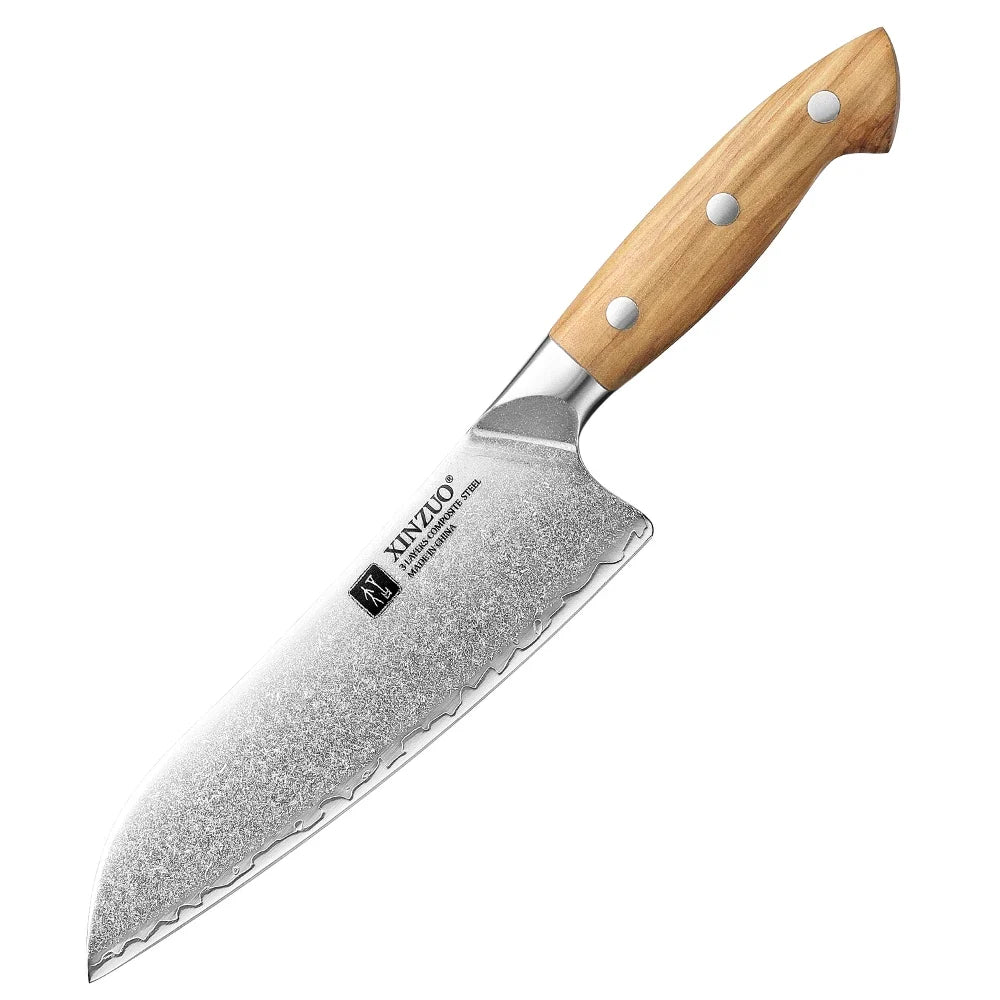 XINZUO 7.28" Damascus Santoku Knife – Olive Wood Handle Gift Box
