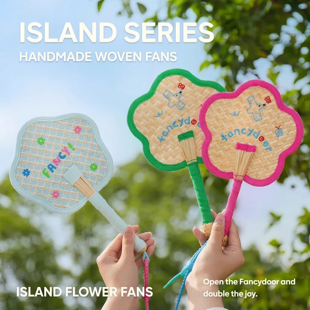Handmade Manual Straw Hand Fans Flower Shape Handheld Cranked Fan