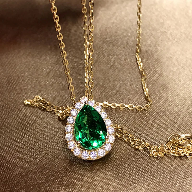Huitan Green Water Drop CZ Pendant Necklace | Gold Tone