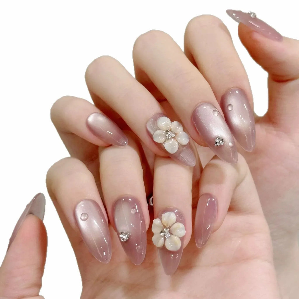 Press-On Nails Embossed Ice Flower Cat's Eye Almond Tips | YADORNOS