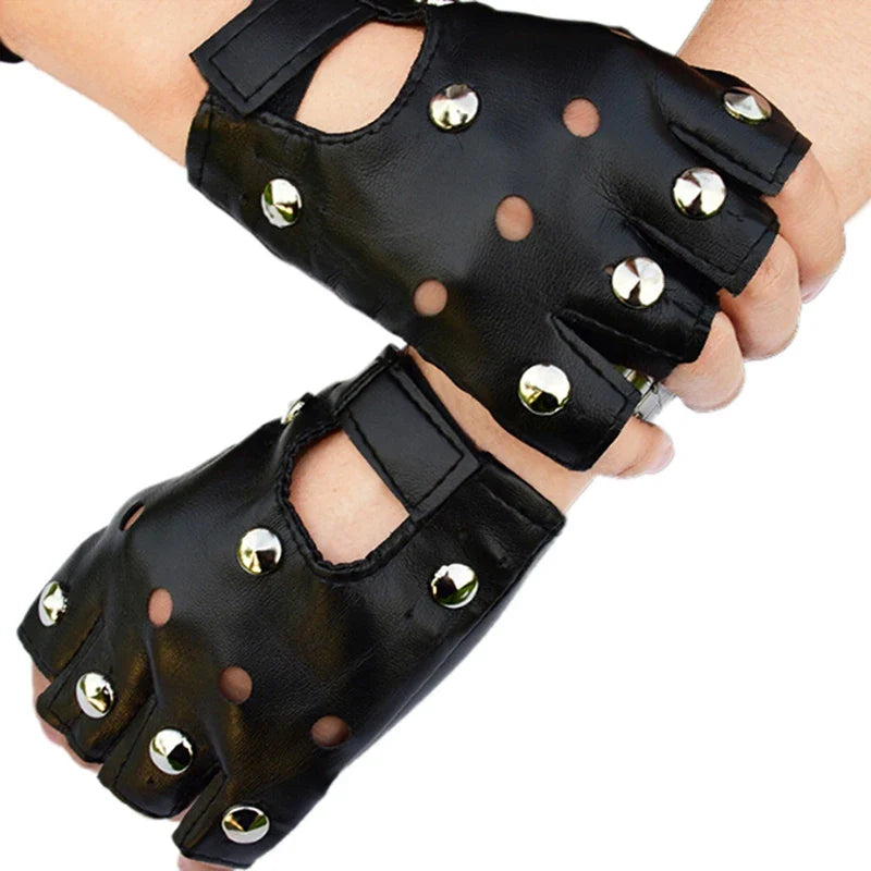 Black Studded Leather Fingerless Gloves – Rivet Half Finger