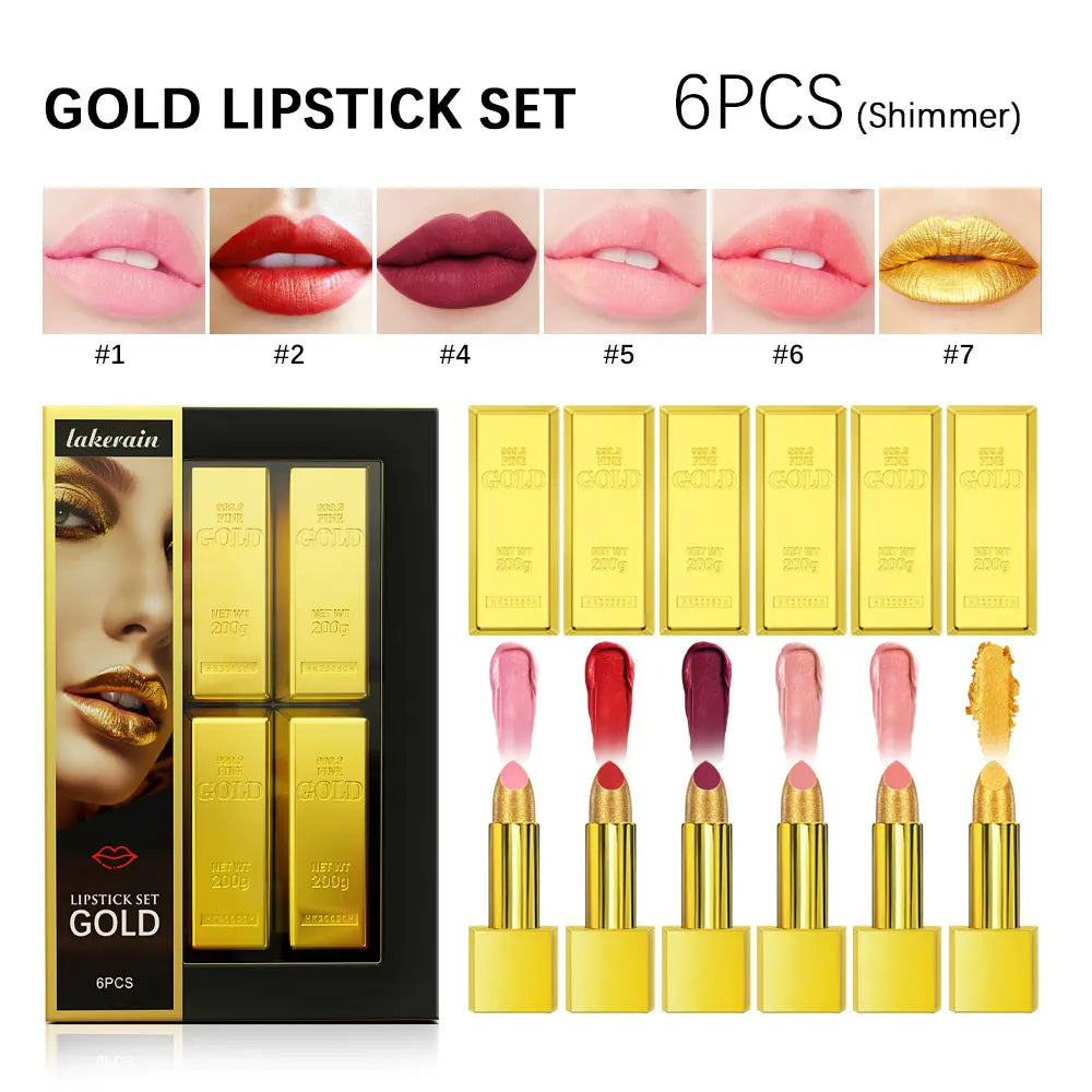 6-Piece Matte Lipstick Set – Gold Tube, Waterproof & Long-Lasting