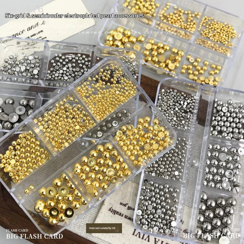 6-Grid Pearl Nail Charms Set – Gold & Silver Manicure Gems