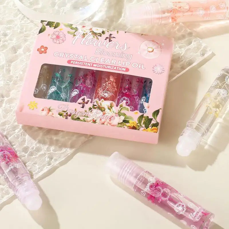 Flower Roll-On Lip Oil Set – Crystal Clear Gloss 6pc