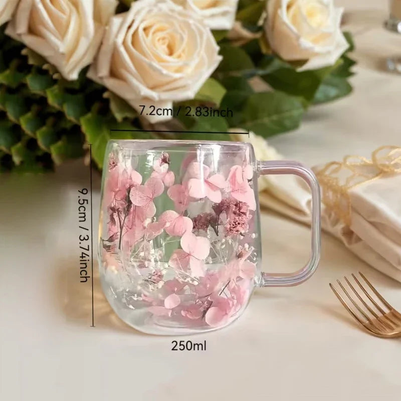 Double-Walled Glass Coffee Mug with Real Flower Design