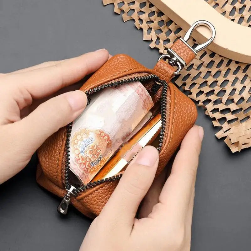 Double Zipper PU Leather Key & Coin Pouch with Metal Clip