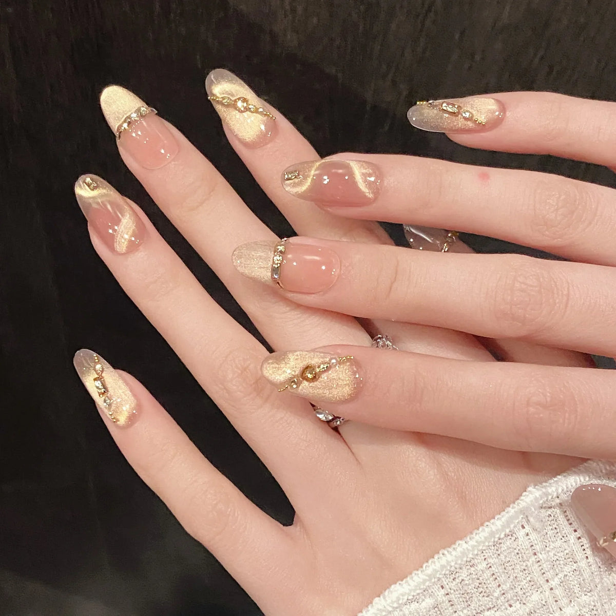 10pcs Press-On Nails | Gold Diamond Cat Eye Glitter Tips