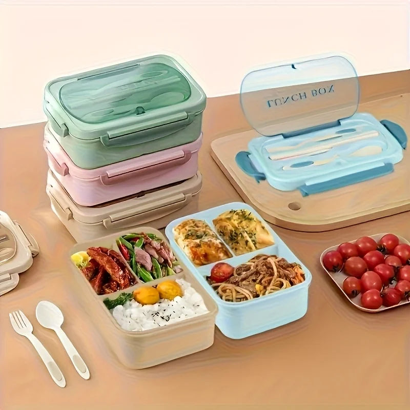 Leak-Proof Lunch Box with Utensils – 3-Compartment Microwave Safe