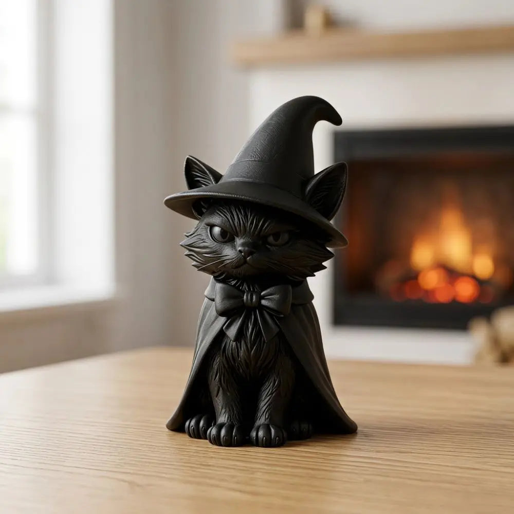 Dark Cat Witch Figurine | 3D Printed Halloween Desktop Sculpture