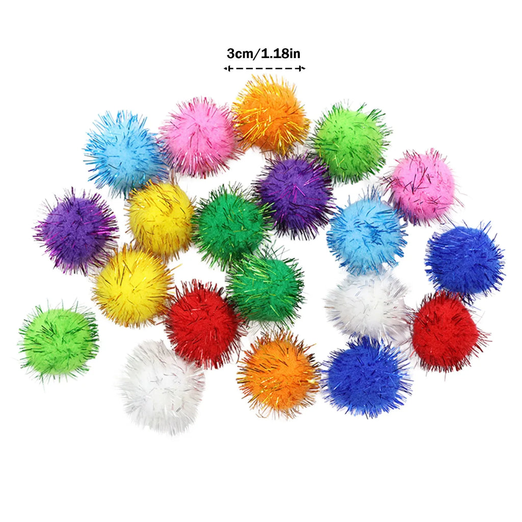 Glitter Pompom Plush Balls – Cat Toys & Craft Decor 20 Pack