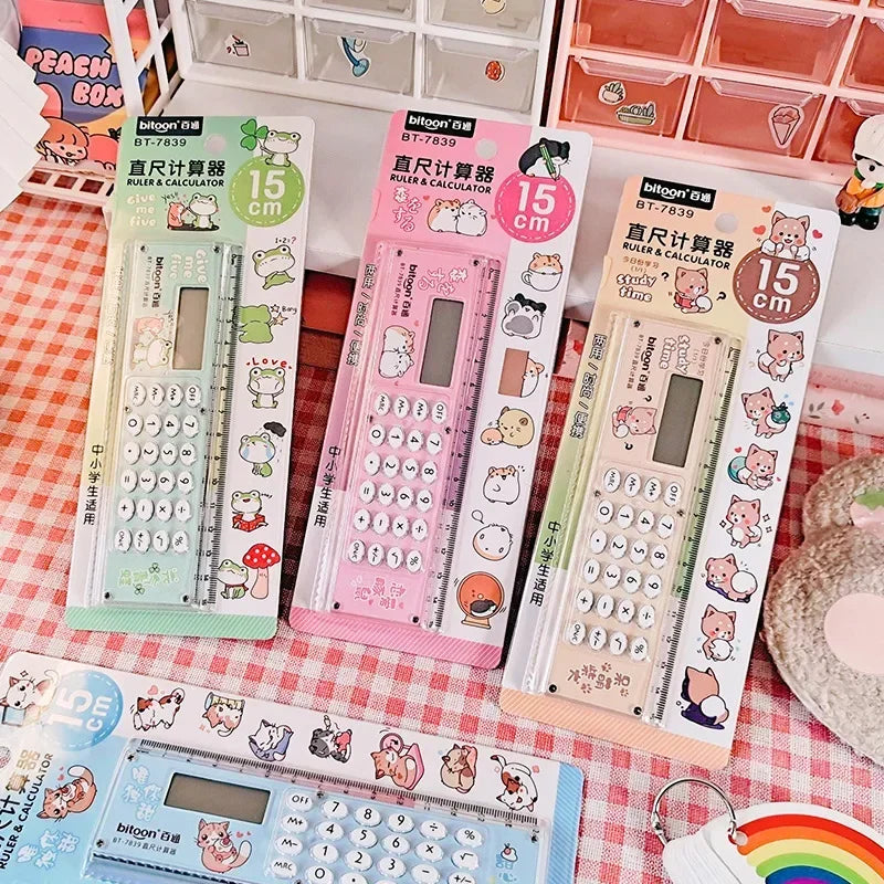 Mini Cartoon Calculator Ruler – Cute Multifunction School Supply