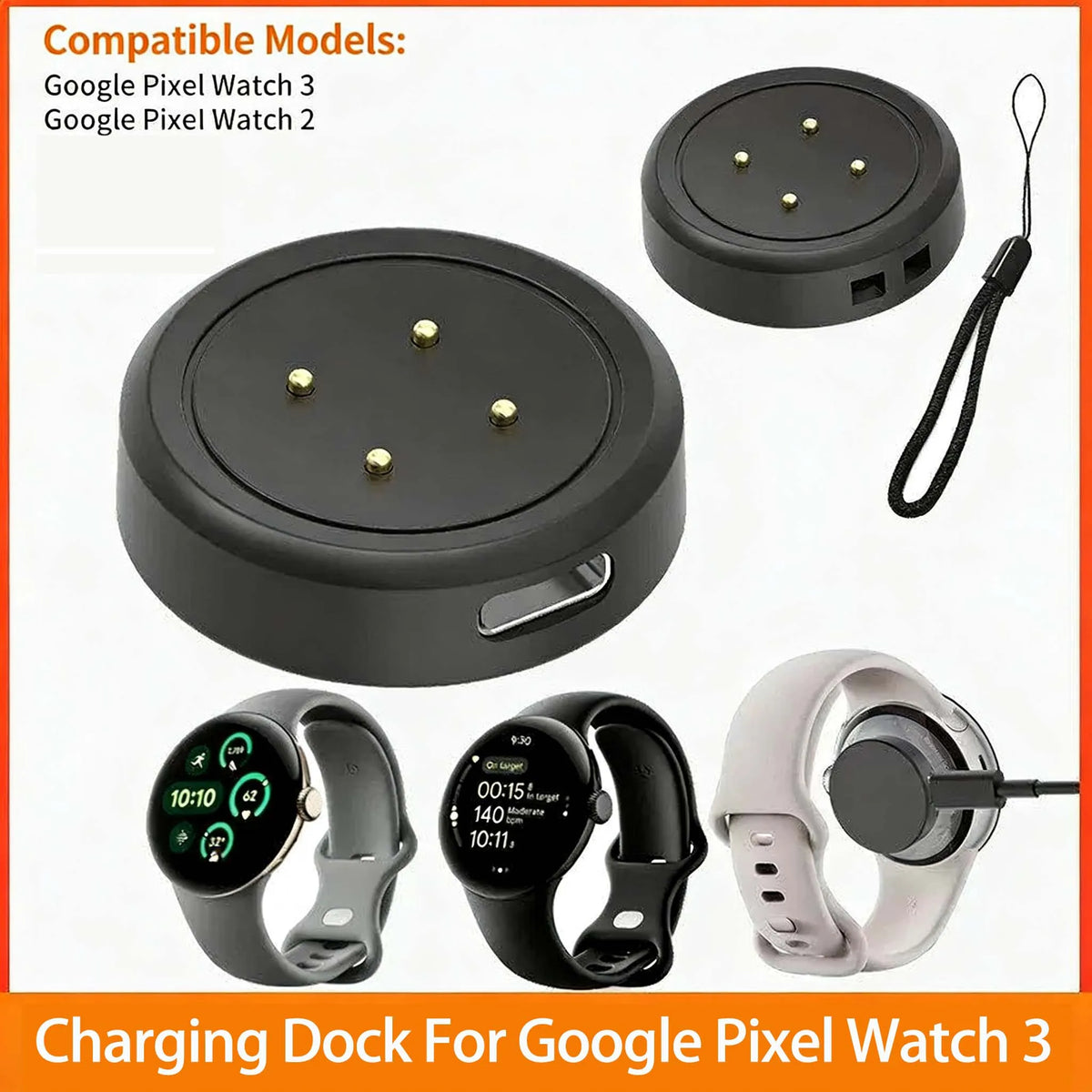 Google Pixel Watch 3 & 2 Charging Dock – USB-C & Lanyard