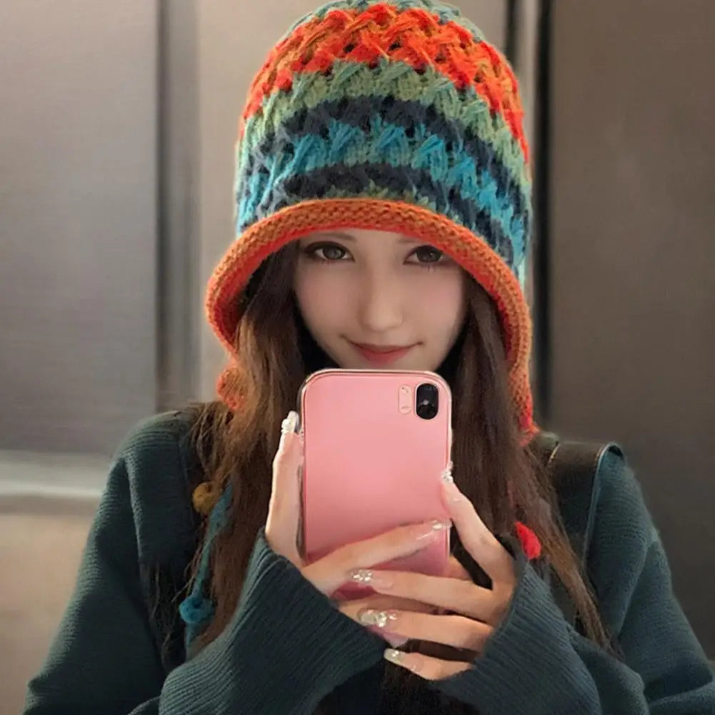 Women's Rainbow Striped Knit Beanie Hat – Warm Winter Ear Cap