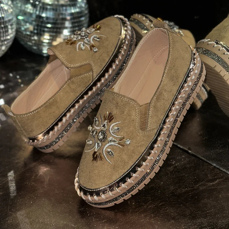 Rhinestone Bow Loafers – Women's Thick Sole Flat Slip-On Shoes