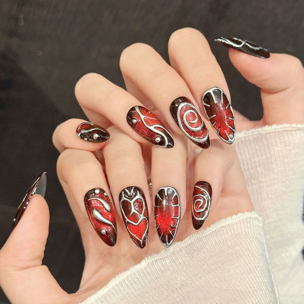 Y2K Cat's Eye Press-On Nails – Retro Red Brown Almond 10pcs