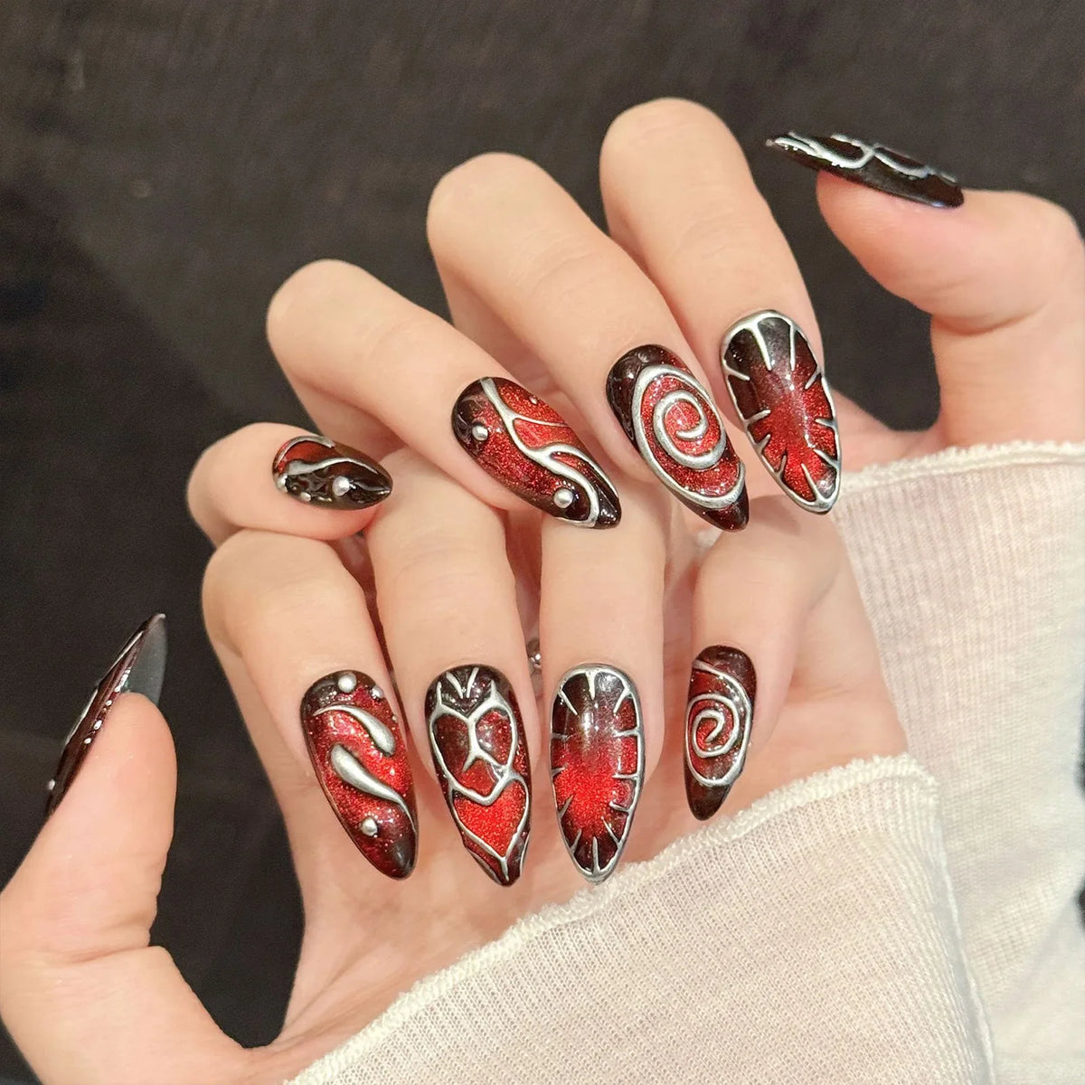 Y2K Cat's Eye Press-On Nails – Retro Red Brown Almond 10pcs