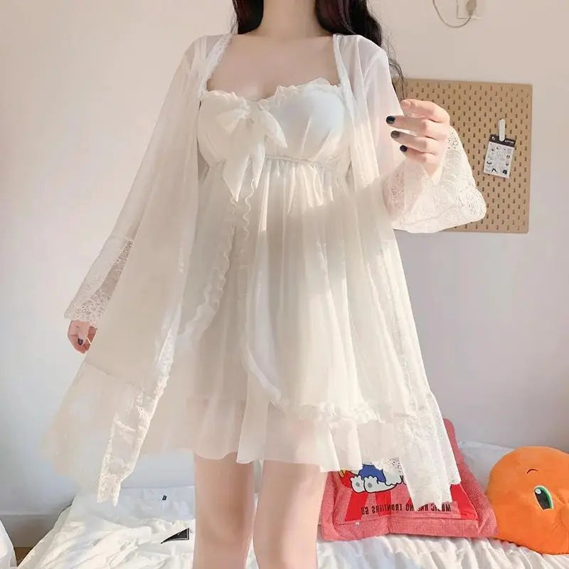Women's Lace Bow Mesh Nightgown & Robe Set – White Sleepwear