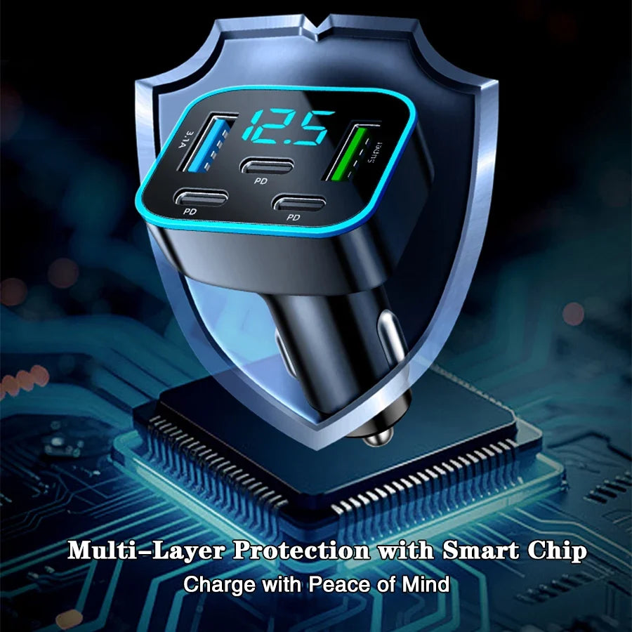 5-Port Fast Car Charger – 3x USB-C PD, 2x USB, Digital Display