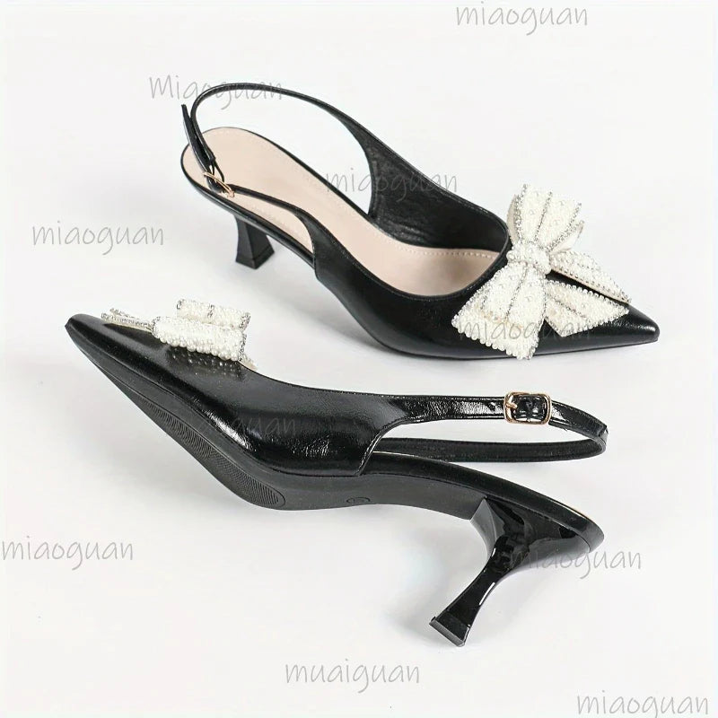 Pearl Bow Women's Pointed Toe High Heel Sandals | Wedding Pumps