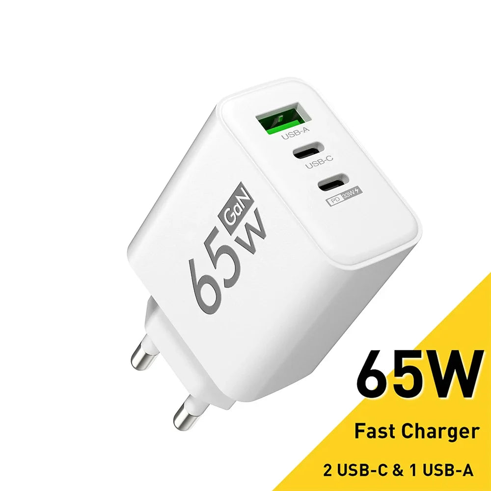 65W GaN USB-C Charger PD & QC 3.0 | 3-Port Fast Wall Adapter