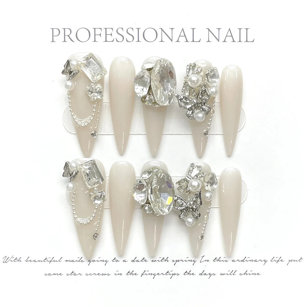 Stiletto Press On Nails – Rhinestone Crystal Pearl False Tips