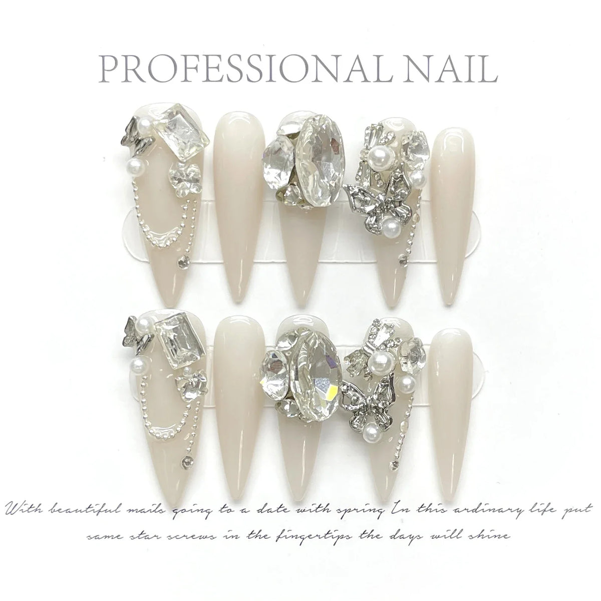 Stiletto Press On Nails – Rhinestone Crystal Pearl False Tips