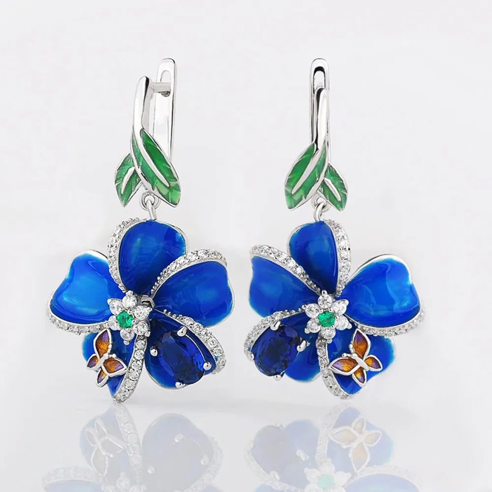 Huitan Blue Flower CZ Drop Earrings – Bridal Wedding Jewelry