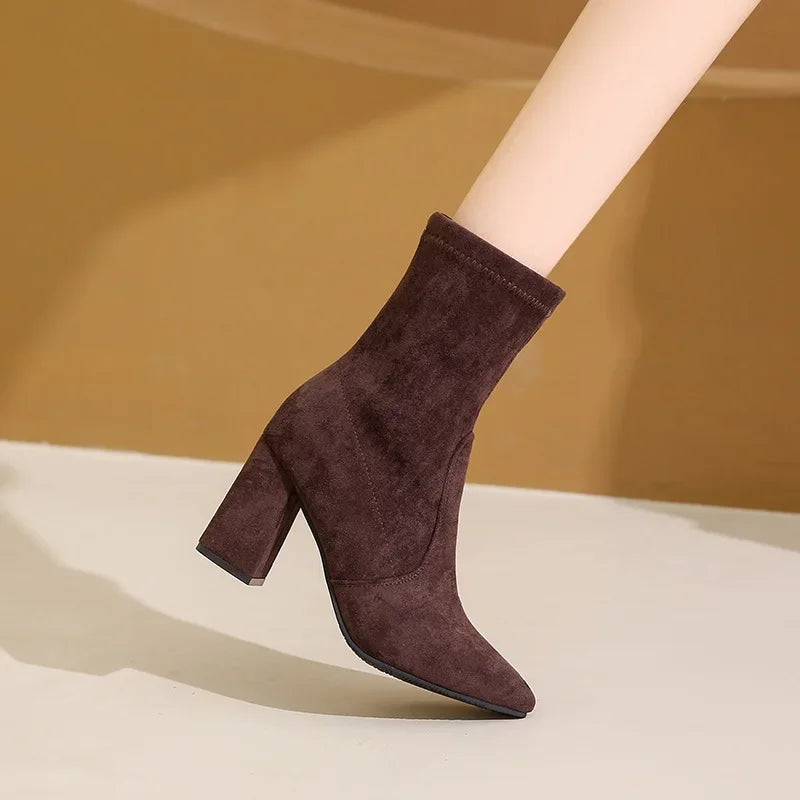 Women's Chunky Heel Sock Ankle Boots – Pointed Toe Black