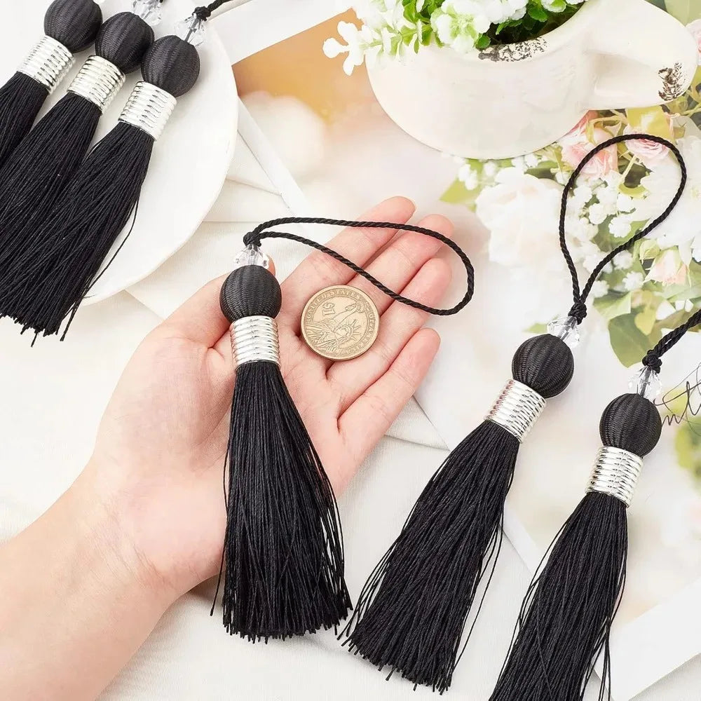 8 PCS Handmade Beaded Polyester Tassel Pendants – 9" Black