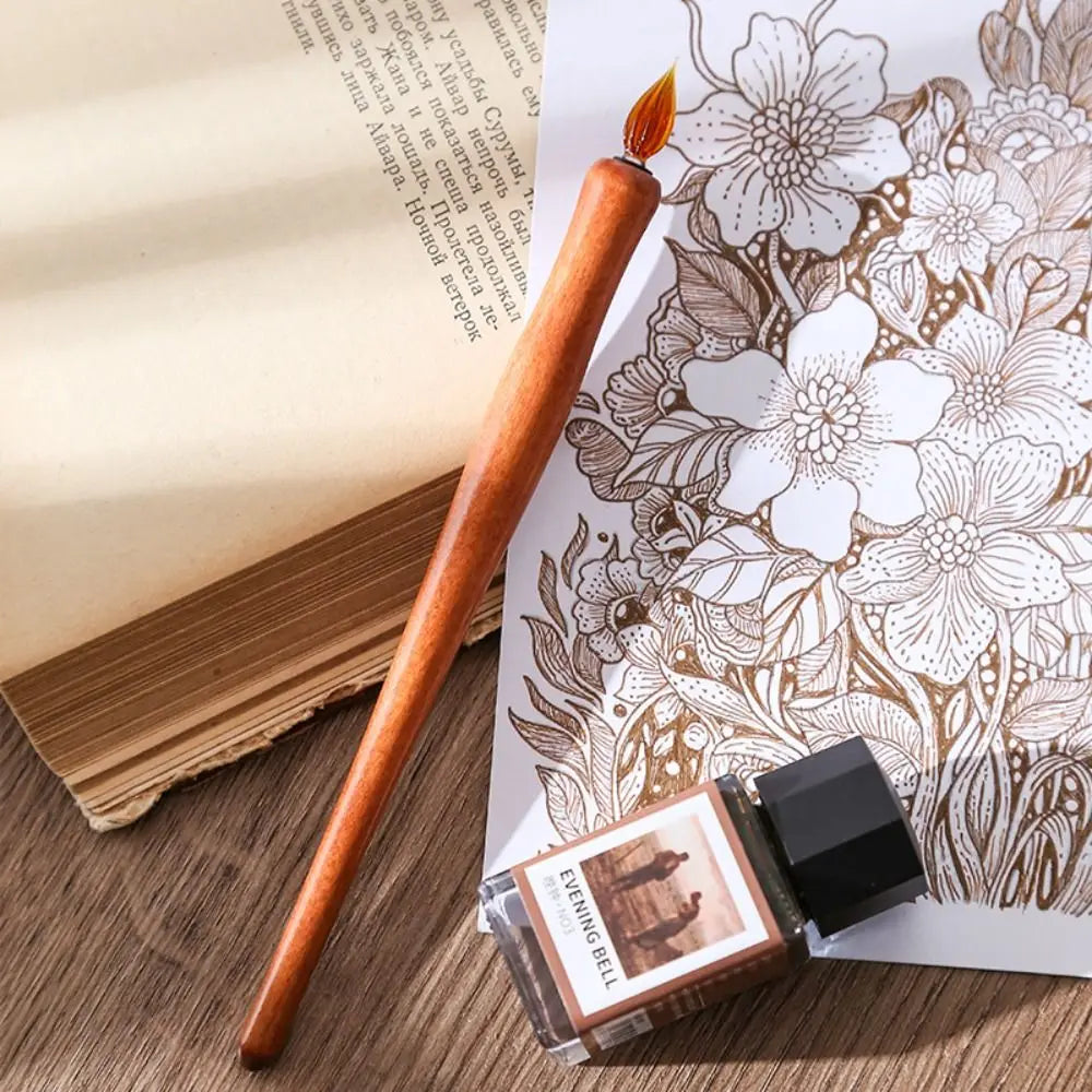 Wooden Glass Dip Pen & Ink Holder – Calligraphy Storage Set