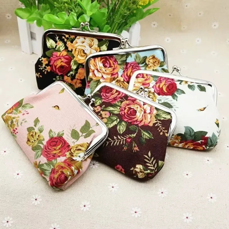 Retro Rose Floral Canvas Coin Purse – Mini Wallet Pouch